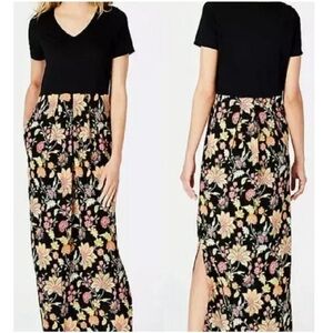 J. Jill Short Sleeve Black Floral Print Maxi Dress Sz L